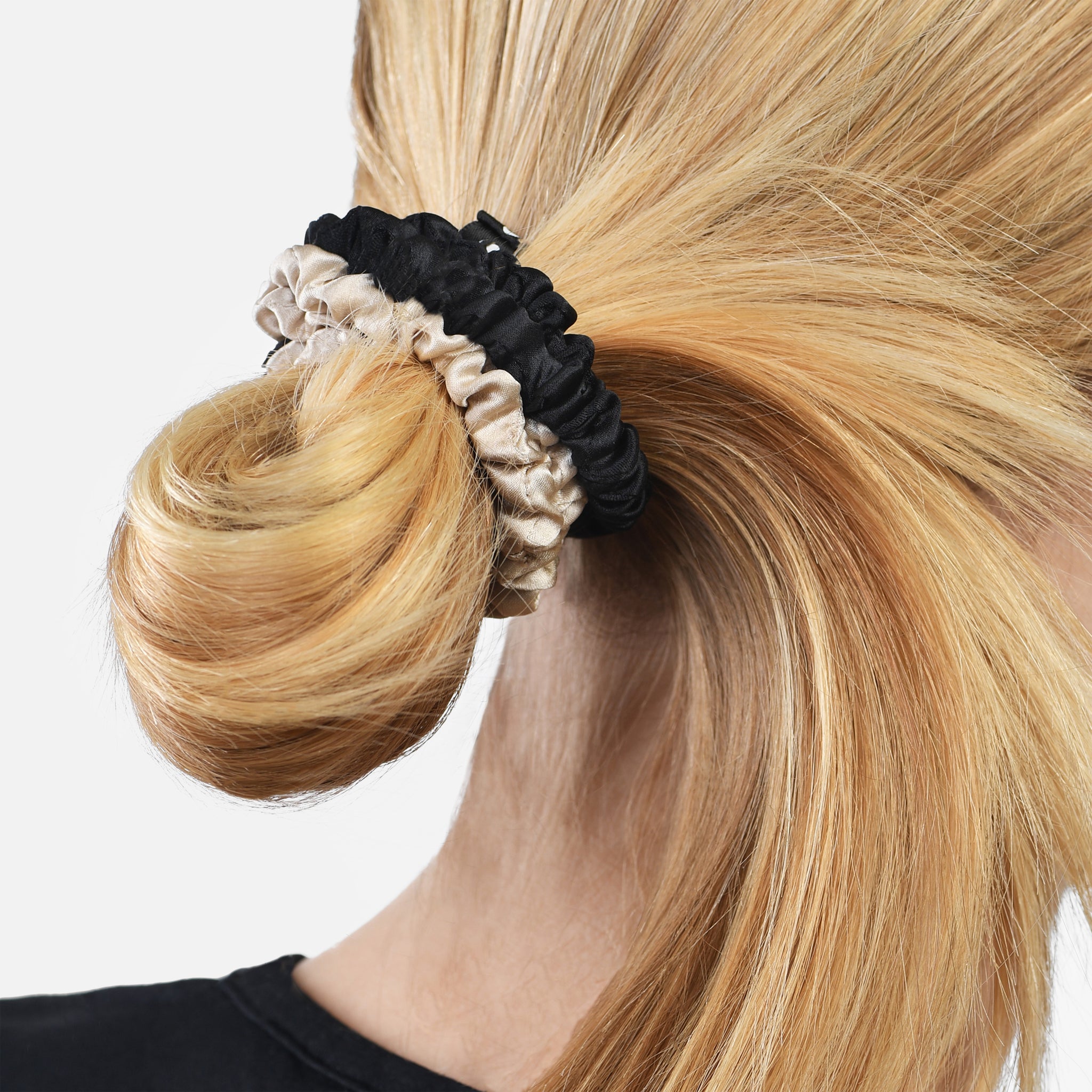 silk mini slip dress hair accessories Silk Mini Scrunchies, Slip, silk hair tie, satin, mulberry silk, mulberry silk, sleevee, sleeveecollection, hair band